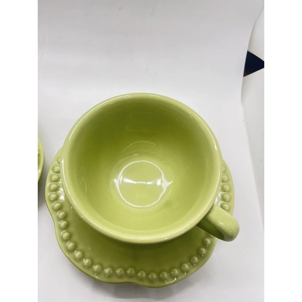 SET OF 2 POTTERY BARN EMMA GREEN BEADED CUP & SAUCER SETS PORTUGAL